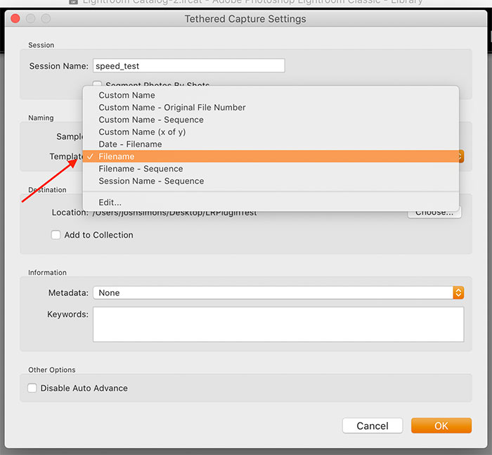 Tethered Capture Settings dialog